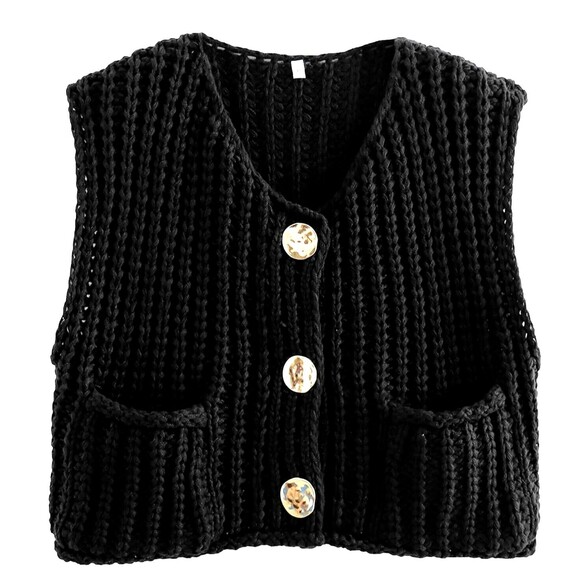 Women's Black Crochet Chunky Knit Sleeveless Gold Button Crop Top Sweater Vest M - Picture 1 of 14